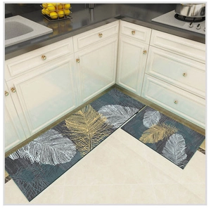 L-shaped kitchen floor mats with blue and gold feather leaf pattern in modern kitchen