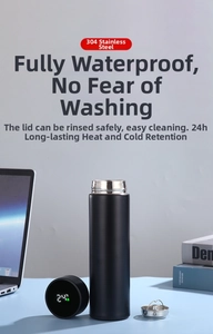 Detail of 304 stainless steel vacuum flask lid featuring LED digital temperature display