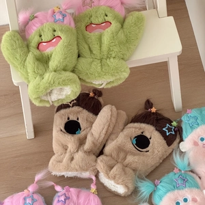 Gants monstres en peluche colorés avec barrettes étoiles et doublure polaire chaude
