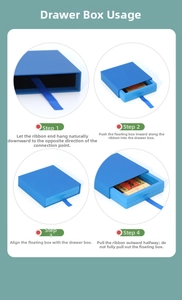 Step-by-step guide showing the operation of a blue suspended PE film jewelry drawer box