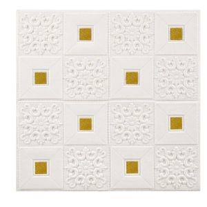 3D white embossed foam wall sticker with gold square accents for ceiling decoration