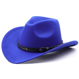 Detail of blue wool fedora hat featuring black leather band and silver metal buckle