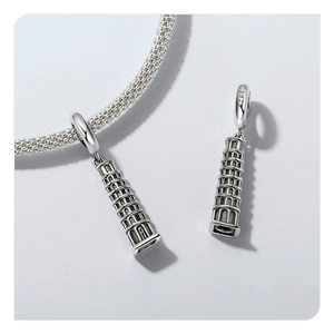 Detailed S925 sterling silver Leaning Tower of Pisa charm featuring intricate architecture