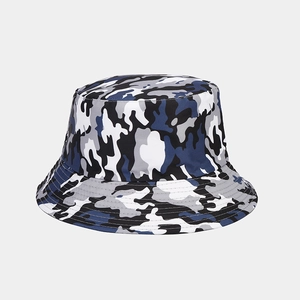 Detail of blue camo bucket hat showing high-density fabric and reinforced brim stitching
