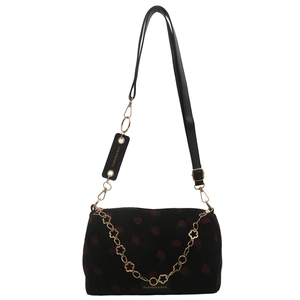 Cute black corduroy pillow shoulder bag with red strawberry print and gold flower chain