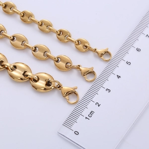 Polished gold stainless steel coffee bean link chain bracelets in three widths