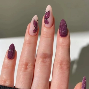 Long Almond Press On Nails Purple Glitter Butterfly Pattern Glossy Full Cover Artificial Fake Nails For Women Manicure