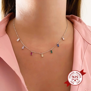 S925 sterling silver necklace featuring seven colorful baguette cut zircon stones