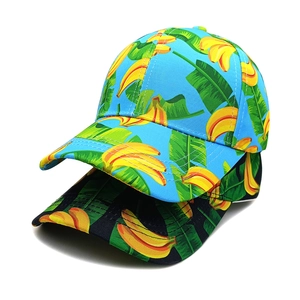 Unisex baseball caps with tropical banana print in sky blue and black cotton twill