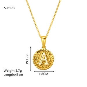 Gold titanium steel hammered disk necklace with white letter A pendant and bead edge