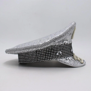 Macro view of silver sequin captain hat featuring intricate rhinestone and pearl detailing