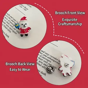 Christmas resin bear brooch with red glitter outfit and hat, front and back view details