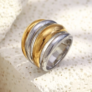 Minimalist multi-layer stainless steel ring in gold and silver finish on textured stone