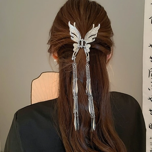 Détail d'une pince à cheveux papillon argentée avec de longs glands sur cheveux bruns