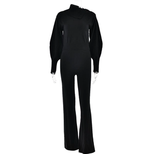 Women's black high neck knitted two-piece set with long sleeves and straight pants
