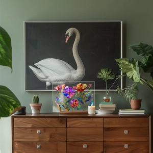Detailed view of acrylic floral ornament with glass texture on wooden base and natural lighting