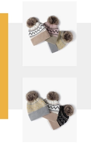 Close-up of geometric knit texture and soft faux fur pompom on colorful winter beanies