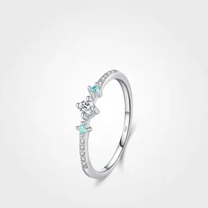 Exquisite 925 Sterling Silver Ring With White And Light Blue Round Zircon Minimalist Stackable Jewelry For Women