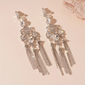 Elegant silver tassel earrings with sparkling rhinestones and waterdrop crystals