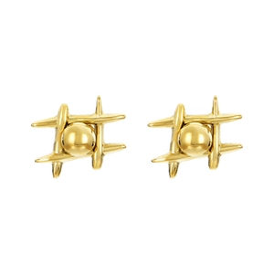 Minimalist 14k gold plated stainless steel hashtag stud earrings with center gold bead