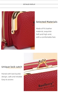 Detail view of red lychee pattern PU leather wallet with premium metal lock and zipper