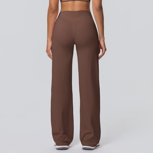 Rear view of dark brown high-waisted wide-leg yoga pants with V-shaped slimming back seam