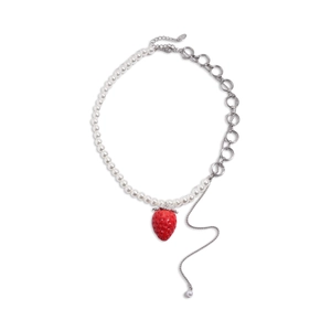 Asymmetric faux pearl and silver chain necklace with red strawberry pendant design