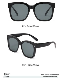 Detail view of dark green polarized sunglasses with dual angle display and metal studs