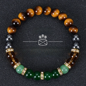 Bracelet Perles Oeil De Tigre Citrine Agate Verte Hématite Richesse Prospérité Élastique Unisexe Bijoux