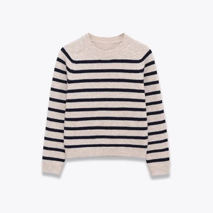 Classic navy and cream striped knit sweater with round neck in soft wool blend