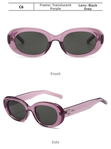 Detail view of oval purple sunglasses featuring four star-shaped metal rivets on the temple