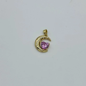 Crescent moon pendant with pink heart zircon inlay in gold-plated stainless steel