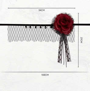 Detailed dimensions of Gothic red rose headpiece with black mesh veil and lace streamers