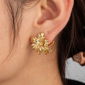 Elegant gold double-layer floral earrings in polished stainless steel for women