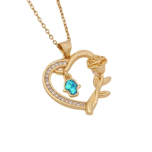 18K gold plated heart necklace with blue opal Hamsa hand and rose flower pendant