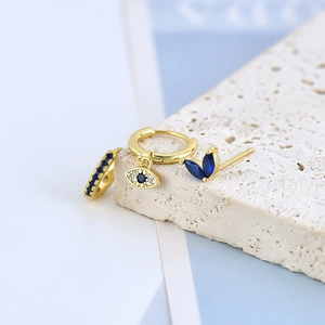 Three-piece gold S925 earrings set with blue zircon evil eye and geometric hoops