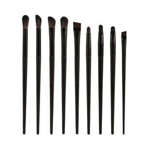 9-piece professional makeup brush set with dark brown fiber bristles and matte black handles