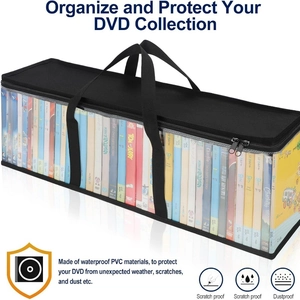 Black PVC DVD storage bag with clear window, double zippers and portable handle