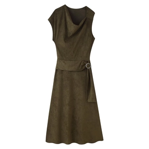 Maxikleid Wildlederimitat Ärmellos Stehkragen Asymmetrischer Saum Olivgrün Hohe Taille Plissee Sexy Slim Fit Elegant