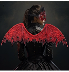 Detail of red textured devil wings and horn mask for Halloween cosplay costume