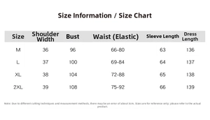 Detailed size chart for vintage print V-neck maxi dress with measurements for M to 2XL