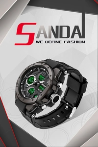 Macro detail of SANDA waterproof digital-analog sports watch with green LED display