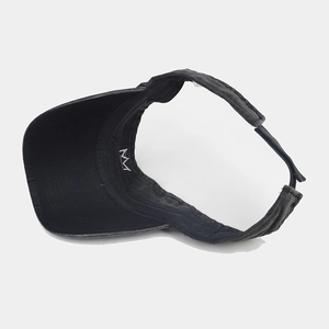 Detail view of crown embroidery on a dark grey vintage sun visor with adjustable strap