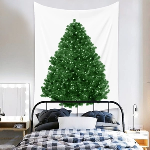 Detail of bohemian Christmas tree tapestry hanging as a cozy bedroom headboard backdrop