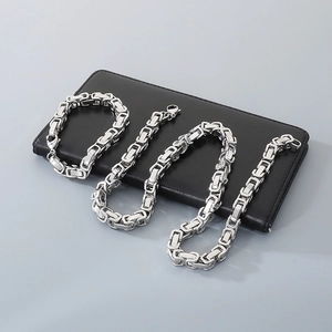 Detail view of 304 stainless steel Byzantine chain necklace and bracelet jewelry set