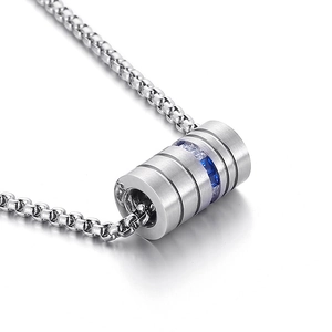Polished silver stainless steel dumbbell necklace with blue gemstones on a woven chain