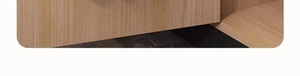 Detail of gunmetal pot lid rack showing wood texture finish and rounded edges