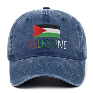 Detailed embroidery of Palestine flag and text on blue washed denim baseball cap