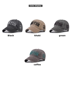 Détail de casquettes de baseball délavées en noir, kaki, vert et couleur café