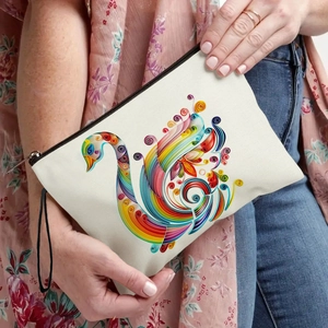 Canvas makeup bag featuring colorful swan paper quilling art with black wristlet strap
